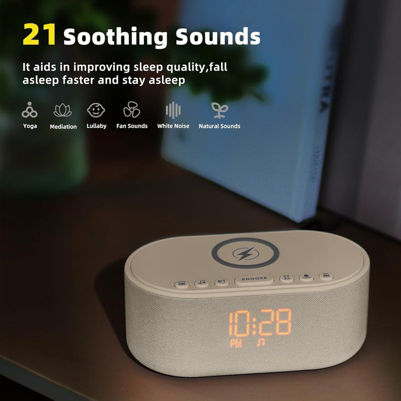Odokee Sound Machine Alarm Clock for Bedrooms: Bluetooth 10W Stereo Sound Speaker with Wireless Charging - White Noise Machine for Sleeping with 21 Soothing Sounds - Putty - Image 5